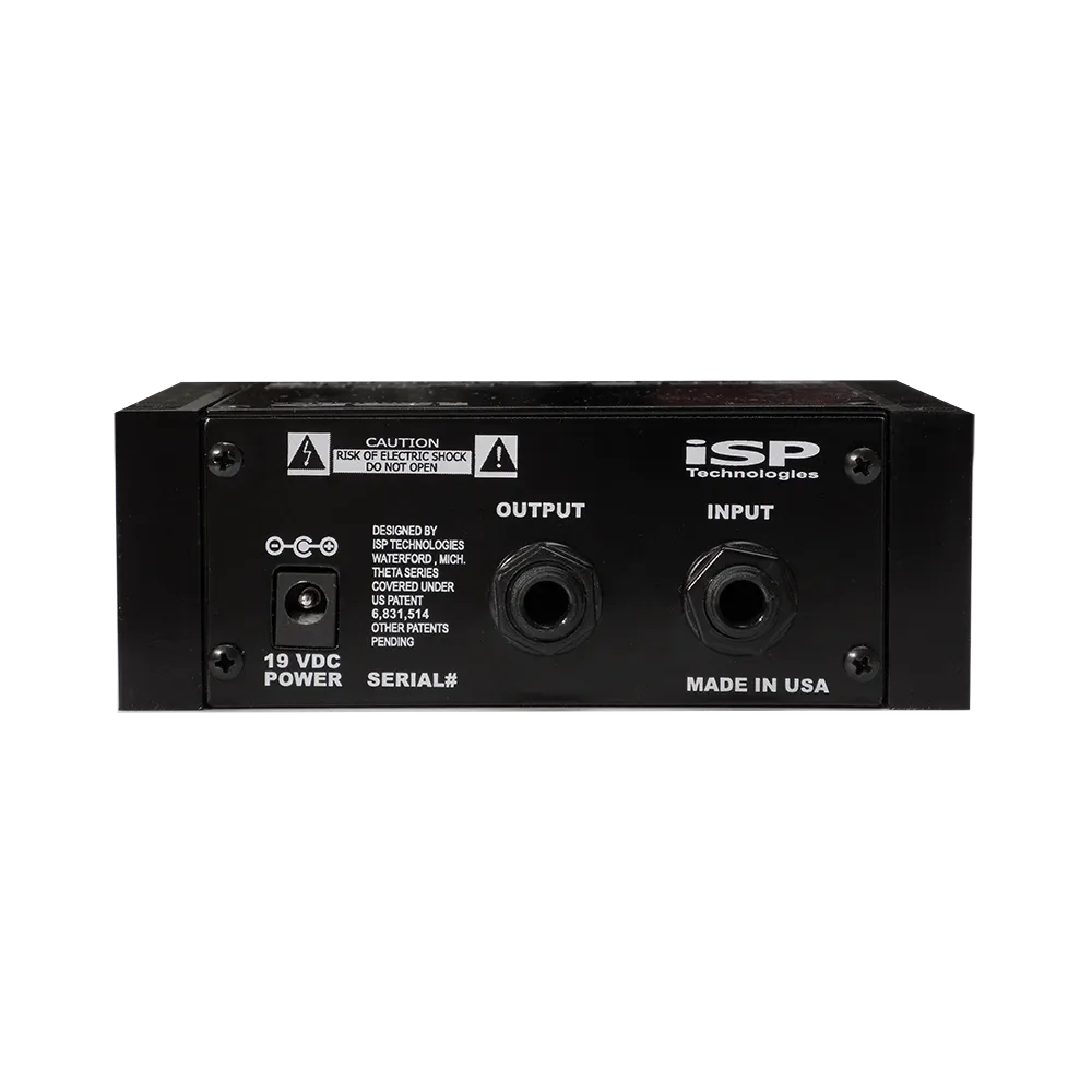 A back view of the iSP Technologies Stealth Ultra Lite power amp, on the back of the pedal are 2 input and output ports as well as a 19V DC power port