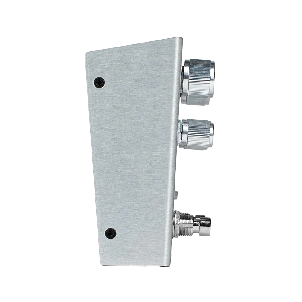 A side view of the silver Meris Hedra guitar pedal
