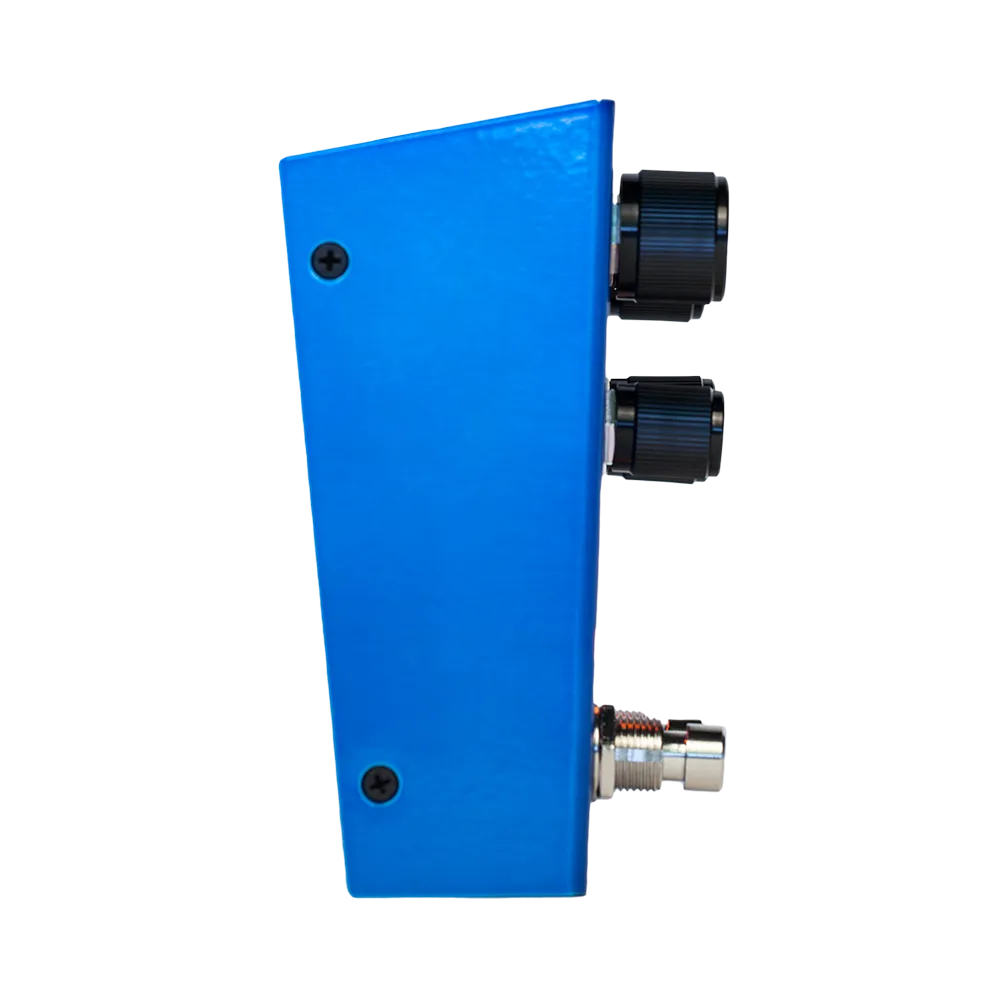 A side on view of the blue Meris Mercury 7 Reverb guitar pedal