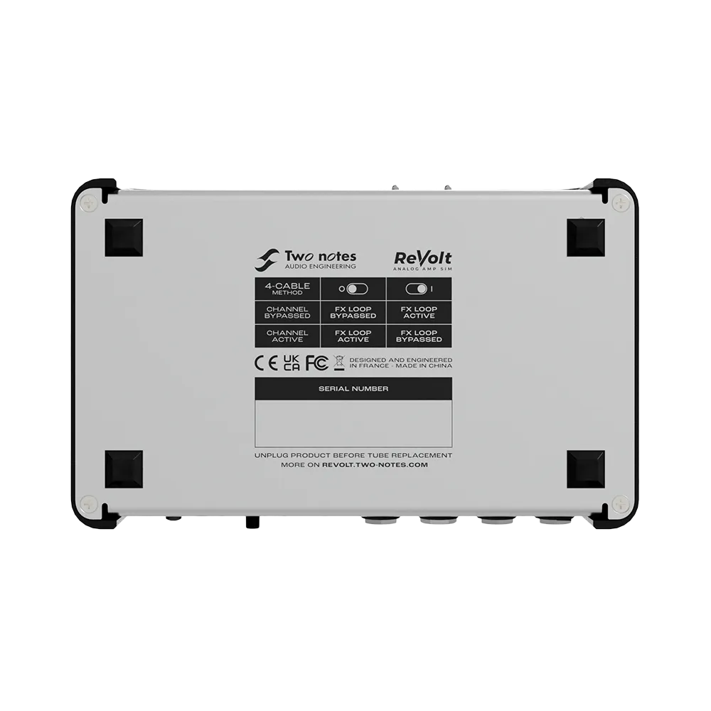 A bottom view of the black Two Notes Revolt guitar pedal, on the bottom of the pedal are some instructions as well as some product information