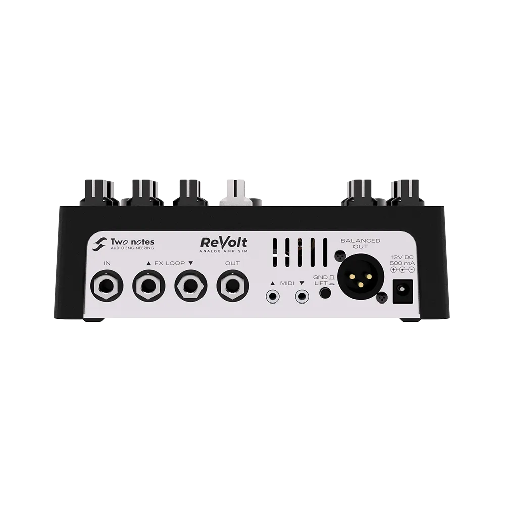 A back view of the black Two Notes Revolt guitar pedal, on the back of the pedal are various input and output ports as well as a 12V DC 500mA power port