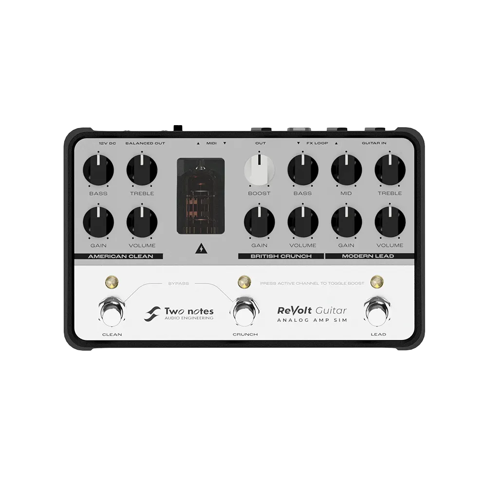 A top view of the black Two Notes Revolt guitar pedal, on the top of the pedal are various dials and buttons to change the output
