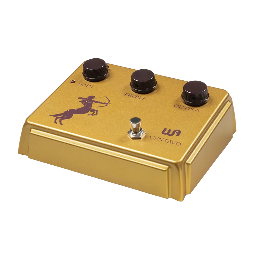 A top/side view of the Warm Audio Centavo guitar pedal, on the top of the pedal are 3 dials to control the output