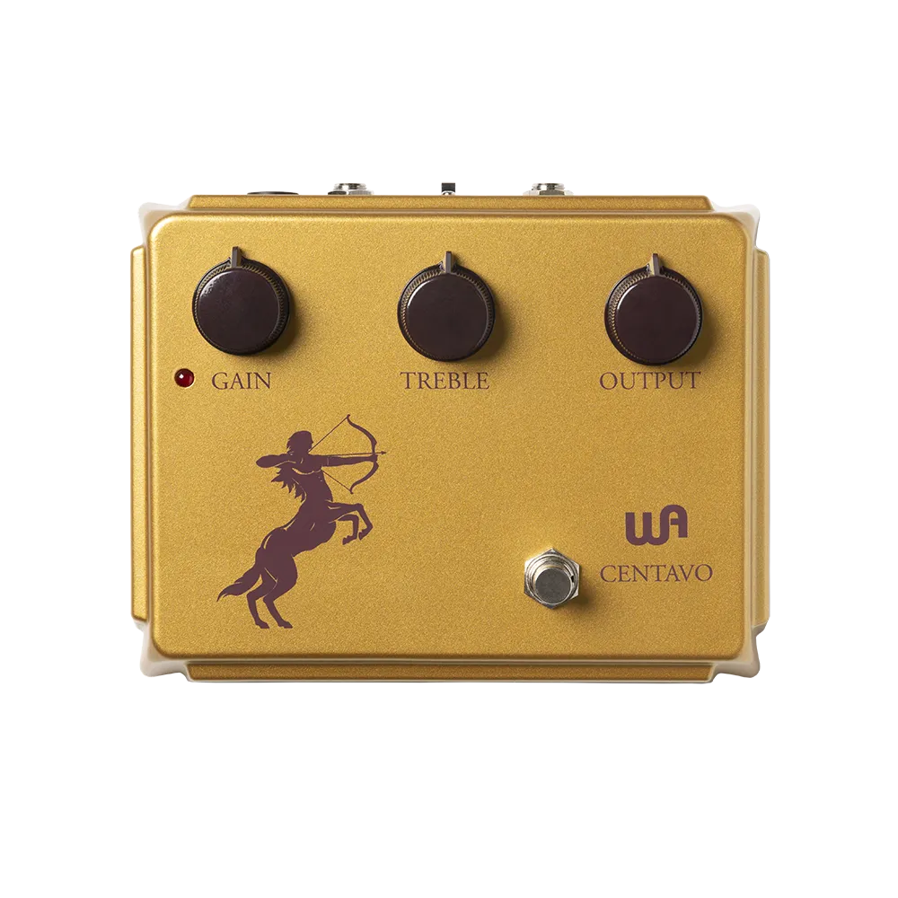 A top view of the Warm Audio Centavo guitar pedal, on the top of the pedal are 3 dials to control the output