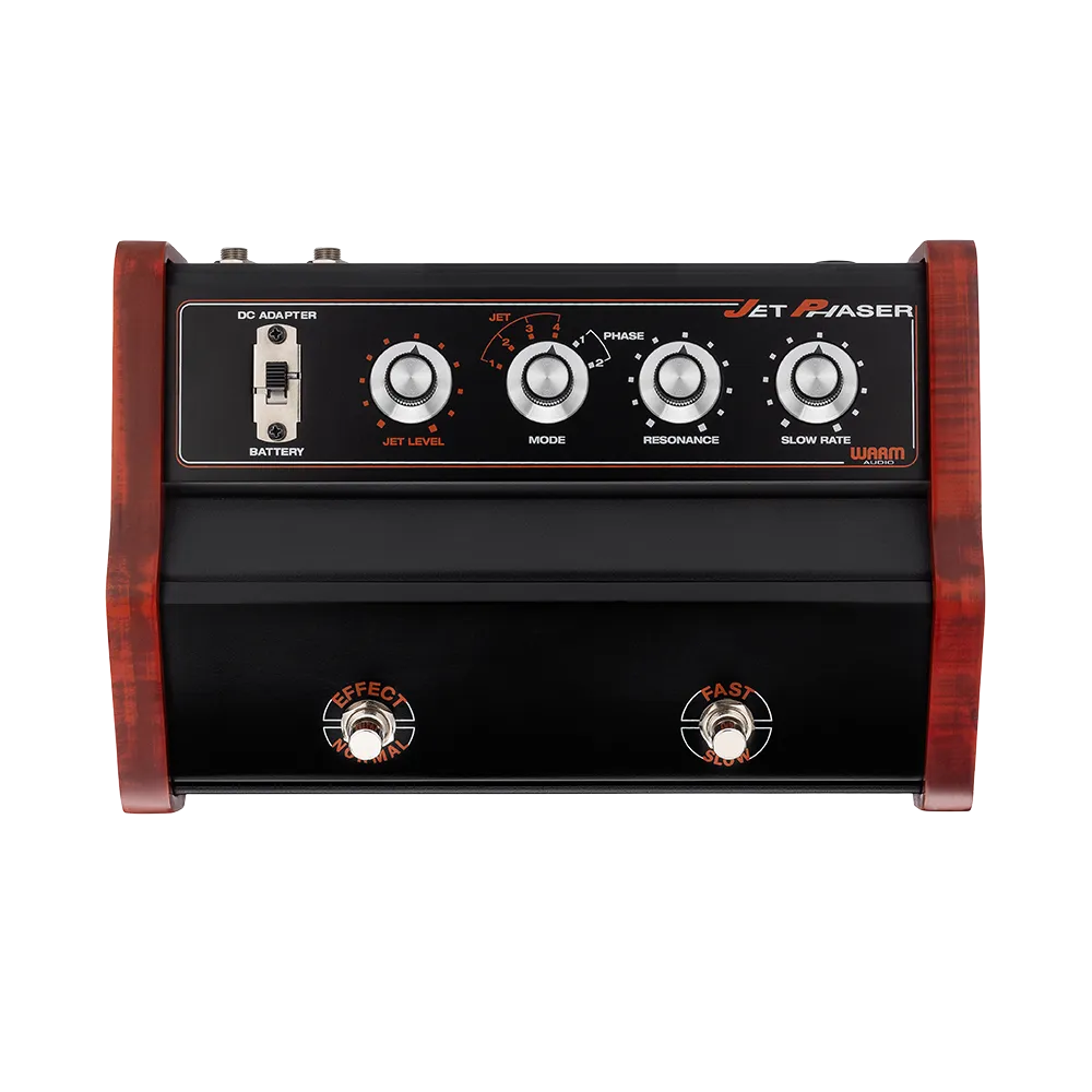 A top view of the Warm Audio Jet Phaser guitar pedal, on the top of the pedal are 4 dials to control the output