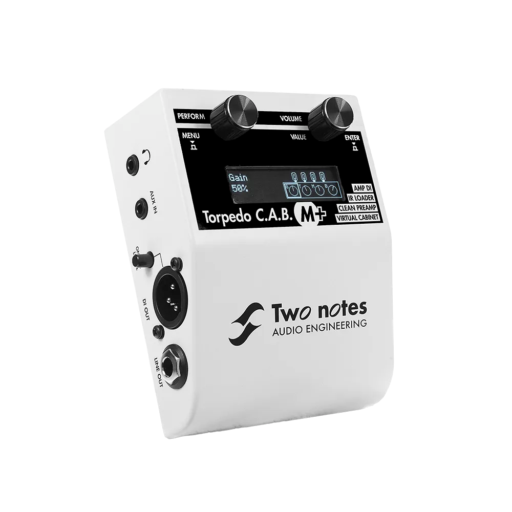 A top/side view of the white Two Notes CABM+ guitar pedal, on the top of the pedal are 2 dials and a display to see modes and other information