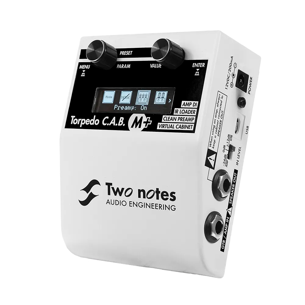 A top/side view of the white Two Notes CABM+ guitar pedal, on the top of the pedal are 2 dials and a display to see modes and other information