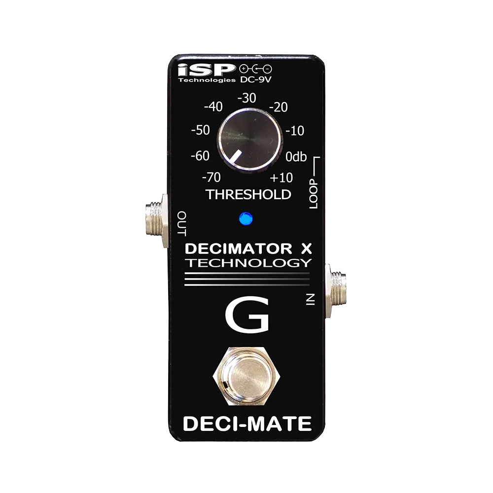 A top view of the iSP Technologies Decimate G Micro guitar pedal, on the top of the pedal is a threshold dial