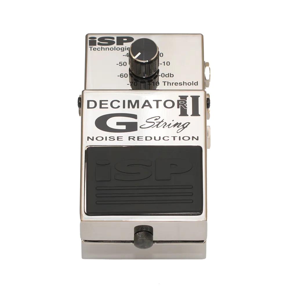 A top view of the iSP Technologies Decimator 2 G guitar pedal, on the top of the pedal is a threshold dial