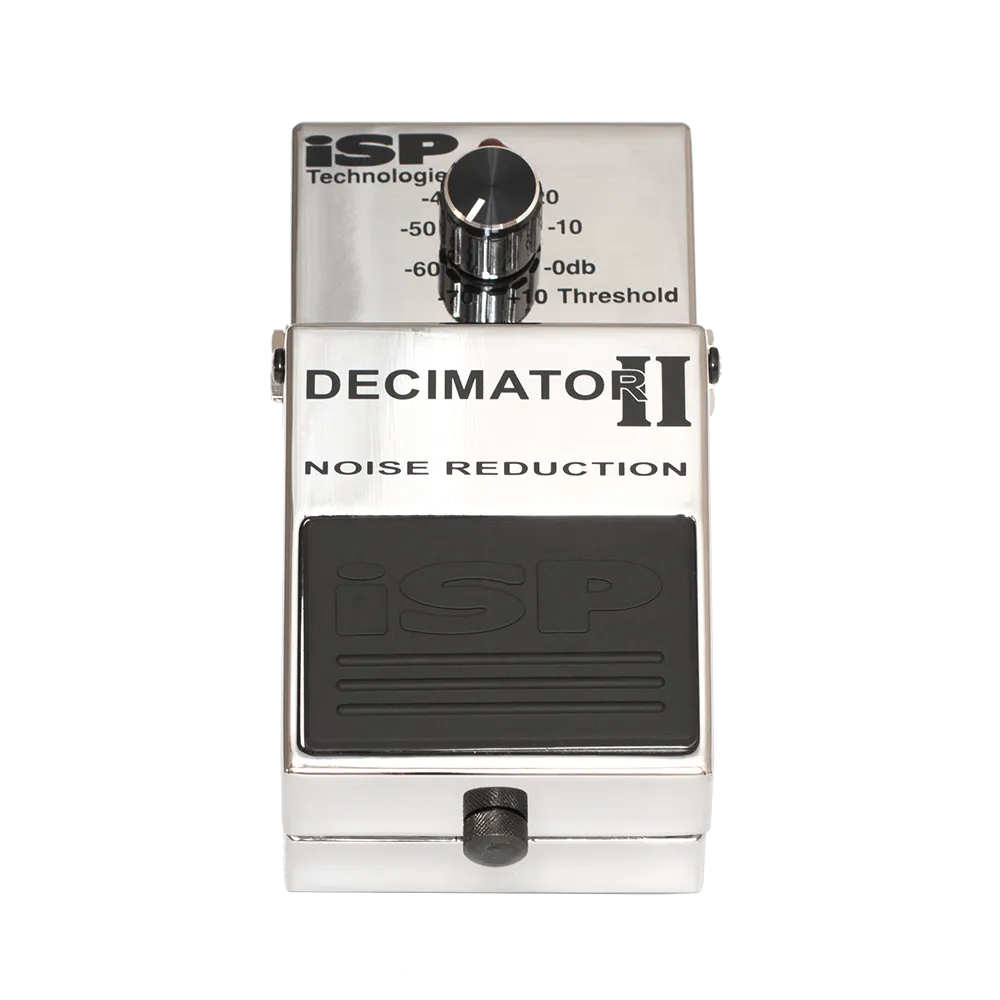 A top view of the iSP Technologies Decimator 2 guitar pedal, on the top of the pedal is a threshold dial