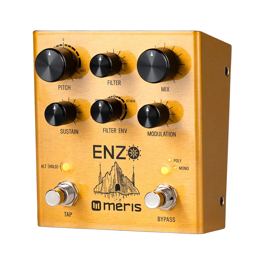 A top-side view of the gold Meris Enzo guitar pedal, on the top of the pedal are various dials to control the output