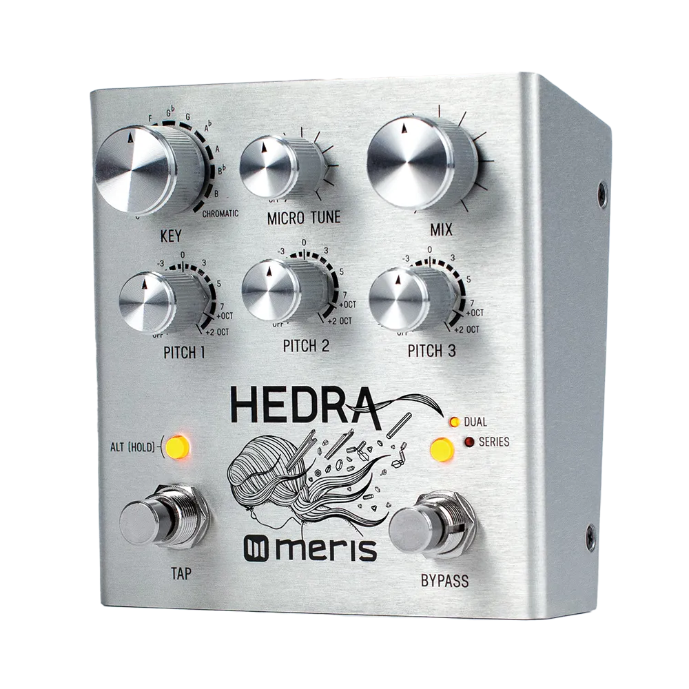 A top-side view of the silver Meris Hedra guitar pedal, on the top of the pedal are various dials to control the output