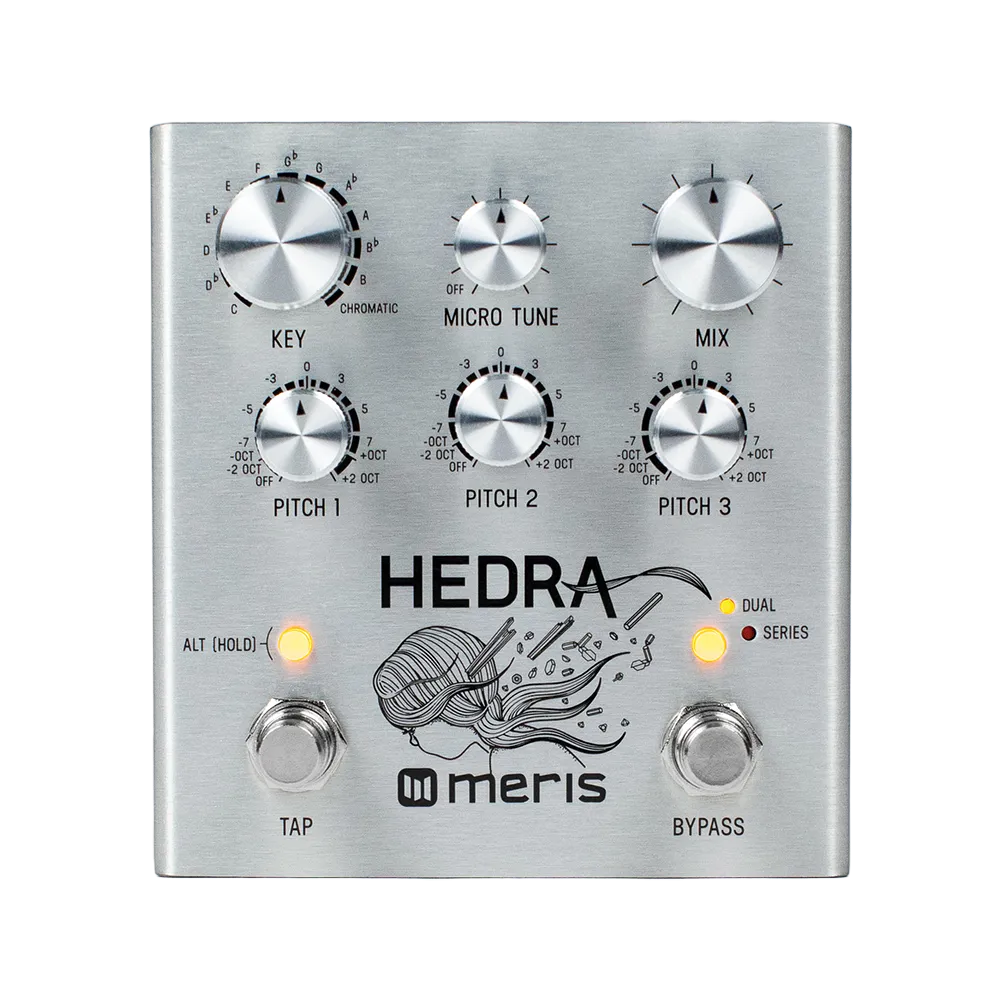 A top view of the silver Meris Hedra guitar pedal, on the top of the pedal are various dials to control the output