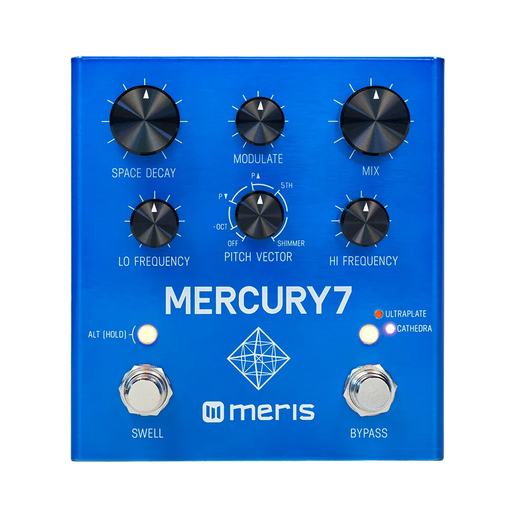 A front on view of the blue Meris Mercury 7 Reverb guitar pedal