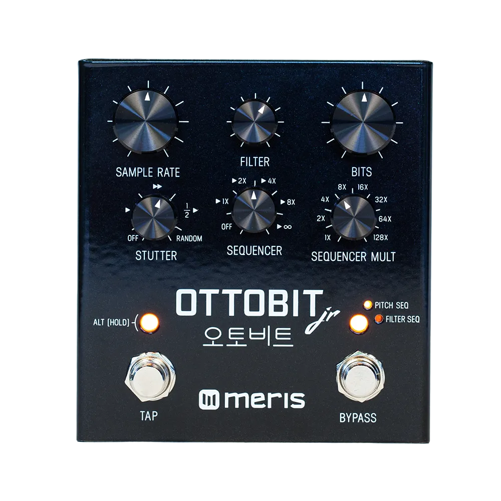 A front on view of the black Meris Ottobit JR guitar pedal