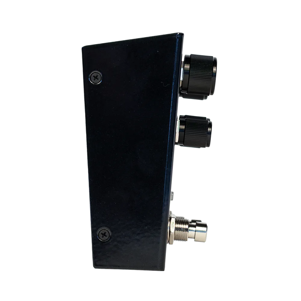 A side on view of the black Meris Ottobit JR guitar pedal