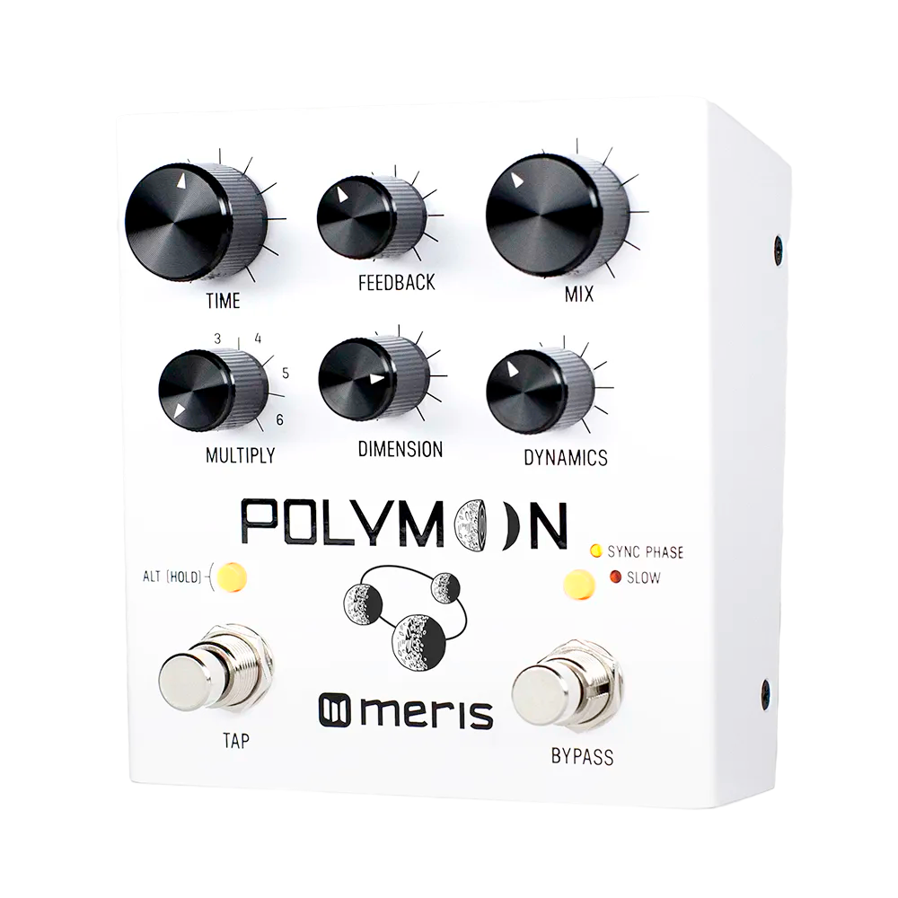A front on view of the white Meris Polymoon guitar pedal