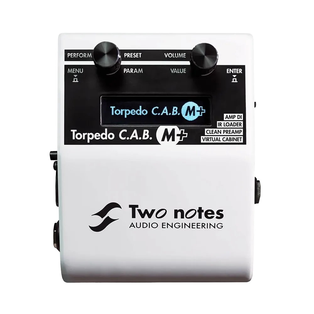 A top view of the white Two Notes CABM+ guitar pedal, on the top of the pedal are 2 dials and a display to see modes and other information