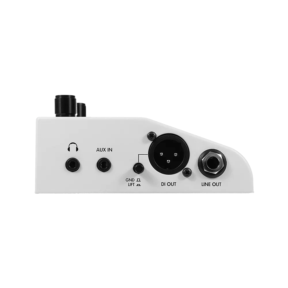 A left side view of the white Two Notes CABM+ guitar pedal, on the side of the pedal are aux input and output ports as well as 2 other output ports