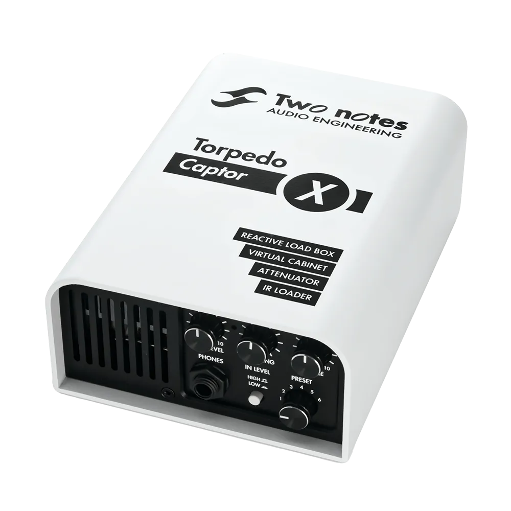 A front-top view of the white Two Notes Torpedo Captor X 16 OHM guitar pedal