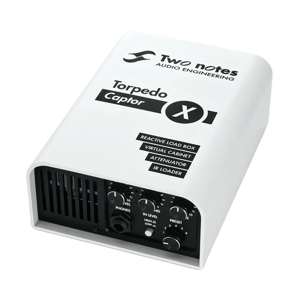 A top-side view of the white Two Notes Torpedo Captor X 8 OHM guitar pedal