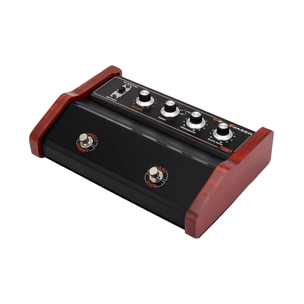 A top/side view of the Warm Audio Jet Phaser guitar pedal, on the top of the pedal are 4 dials to control the output