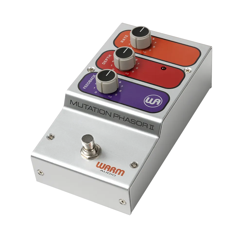 A top/side view of the Warm Audio Mutation Phaser guitar pedal, on the top of the pedal are 3 dials to control the output