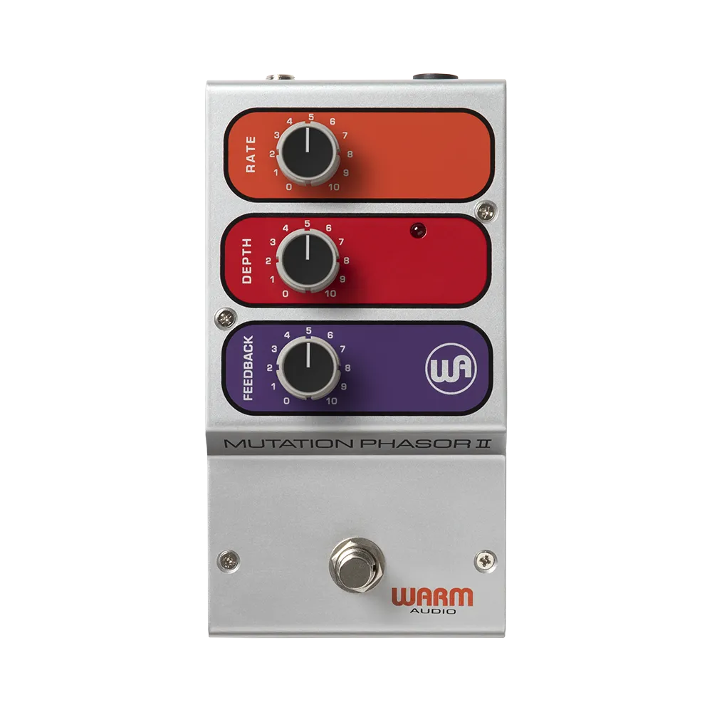 A top view of the Warm Audio Mutation Phaser guitar pedal, on the top of the pedal are 3 dials to control the output