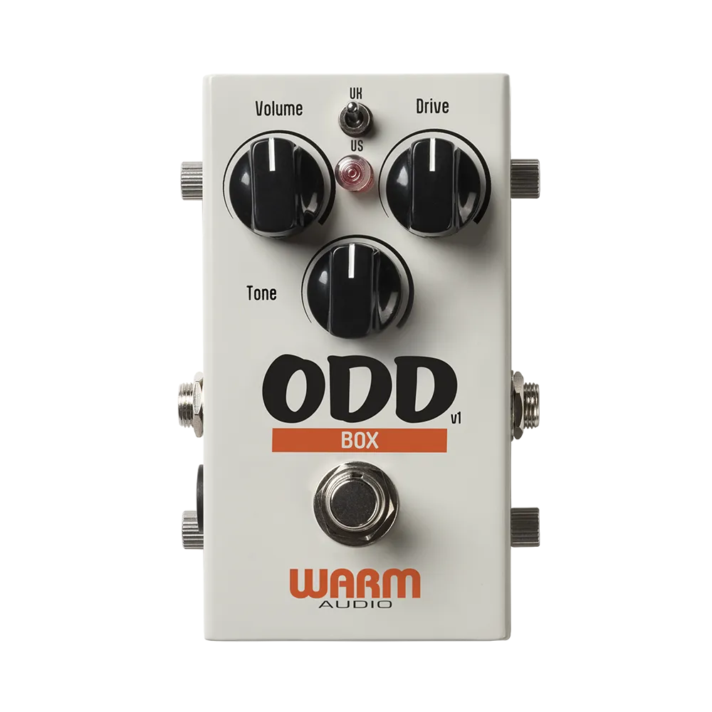 A top view of the Warm Audio Odd box guitar pedal, on the top of the pedal are 3 dials to control the output