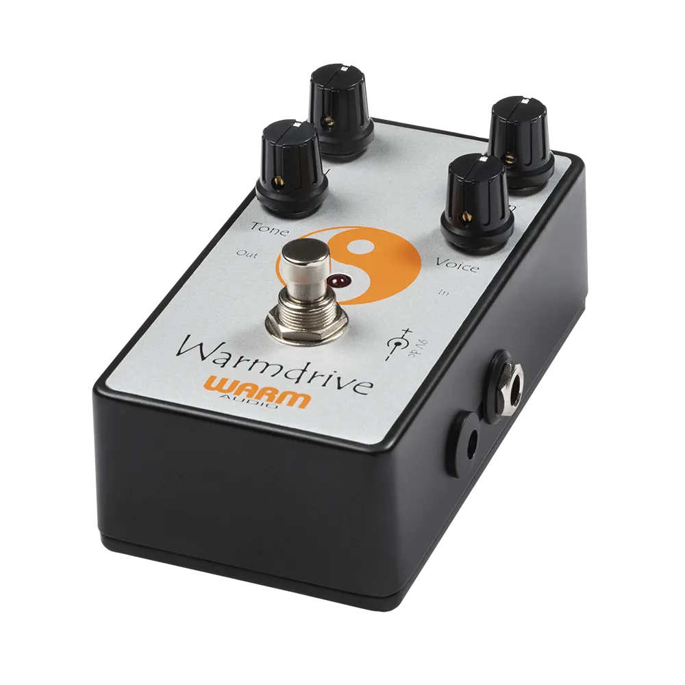 A top/side view of the Warm Audio Warmdrive guitar pedal, on the top of the pedal are 4 dials to control the output